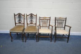 A PAIR OF 20TH CENTURY MAHOGANY CHAIRS, with shaped back rest, on cabriole front legs, along with