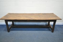AN 18TH CENTURY AND LATER WELSH ELM PLANK TOP 8FT FARMHOUSE TABLE, on chamfered legs, united by a