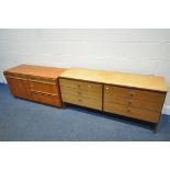 A MID CENTURY TEAK CHEST OF SIX DRAWERS / SIDEBOARD, width 142cm x depth 43cm x height 66cm, and a