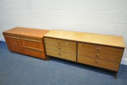 A MID CENTURY TEAK CHEST OF SIX DRAWERS / SIDEBOARD, width 142cm x depth 43cm x height 66cm, and a