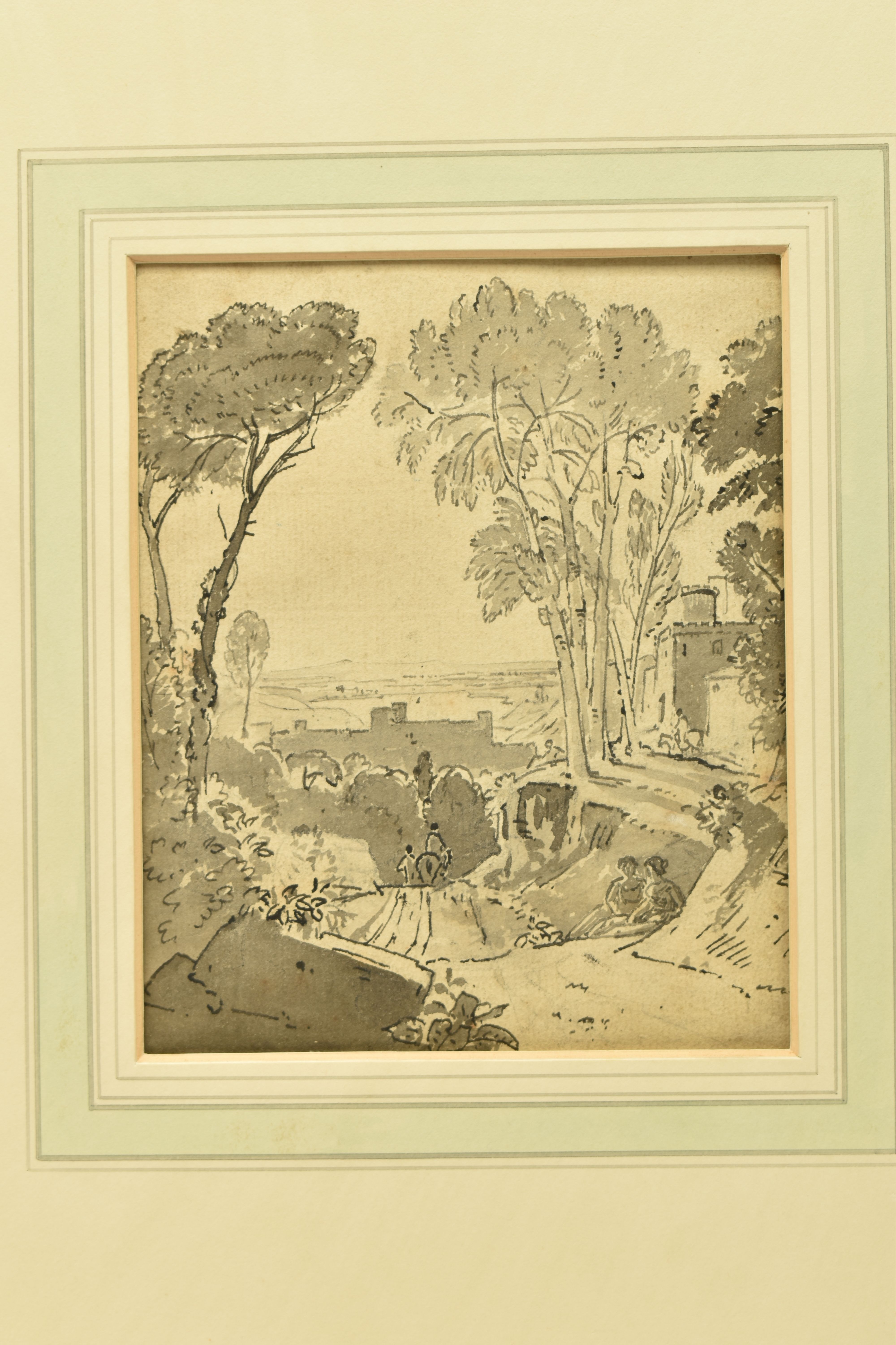 CIRCLE OF GEORGE BARRETT II (1764-1842) LANDSCAPE STUDY, figures in a lane with fortified buildings, - Image 2 of 7