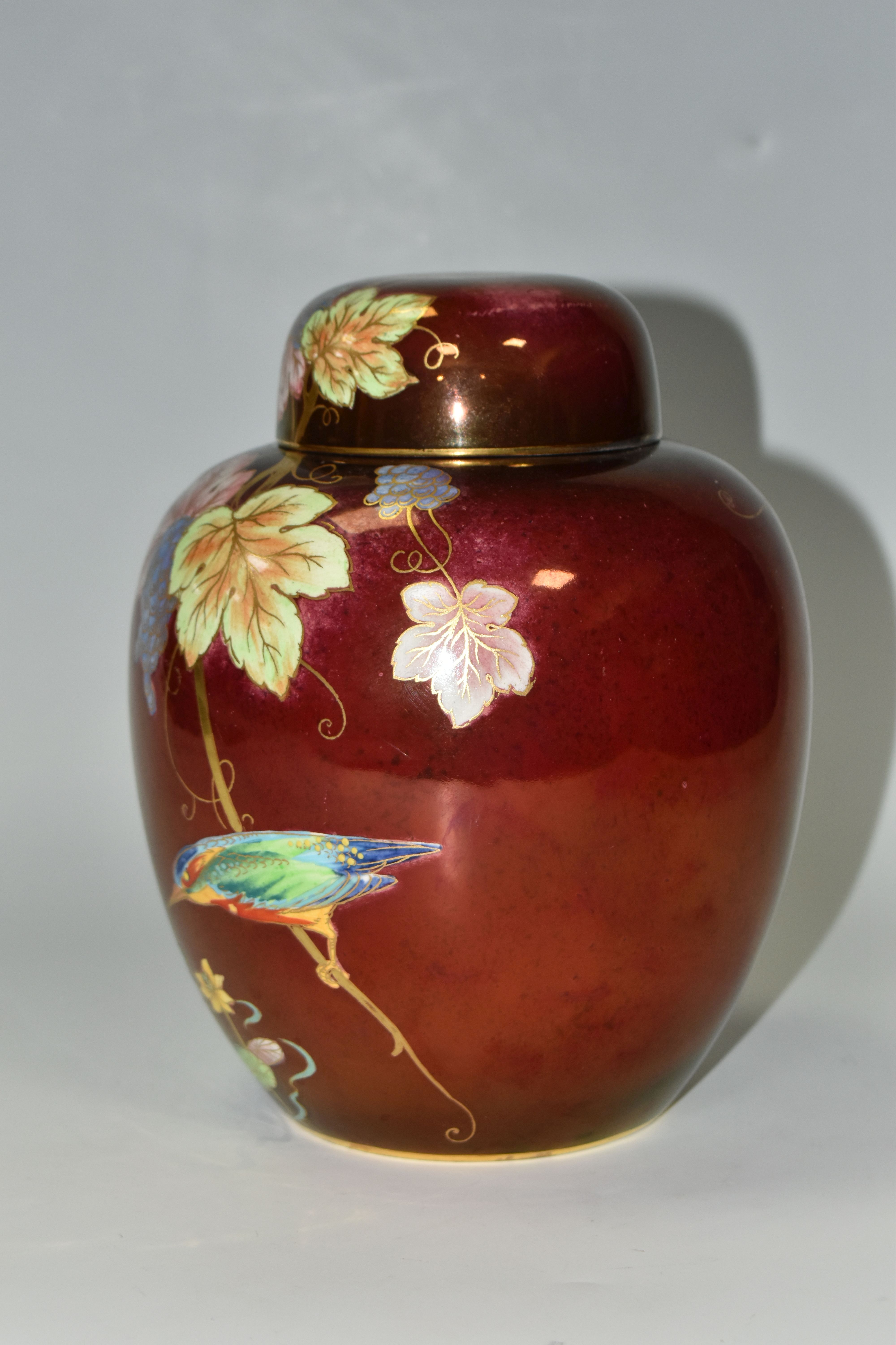 A CARLTON WARE GINGER JAR AND COVER WITH THE KINGFISHER PATTERN ON A ROUGE GROUND, the base - Image 2 of 5