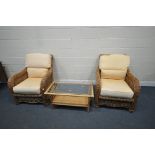 A PAIR OF WICKER ARMCHAIRS, with yellow upholstered cushions, width 80cm x depth 98cm x height 92cm,