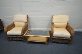 A PAIR OF WICKER ARMCHAIRS, with yellow upholstered cushions, width 80cm x depth 98cm x height 92cm,