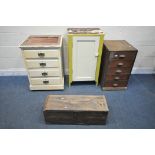 A STAINED PINE CHEST OF FIVE DRAWERS, width 43cm x depth 54cm x height 74cm, a painted panel