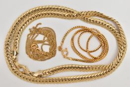 TWO 9CT GOLD CHAINS, the first a flat link yellow gold chain, fitted with a spring clasp,