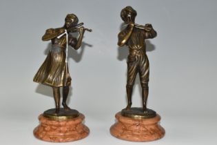 A PAIR OF LATE 20TH CENTURY BRONZE FIGURES OF BOY AND GIRL MUSICIANS AFTER FONDERIA LANCINI, bearing