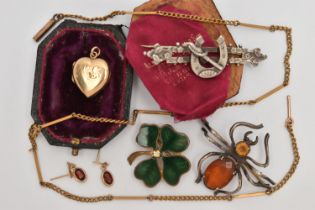A BAG OF ASSORTED JEWELLERY, to include a white metal orange paste set spider brooch stamped