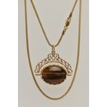 A 9CT GOLD GEM SET SWIVEL FOB PENDANT AND CHAIN, oval swivel fob set with onyx and tiger eyes, to