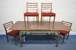 A MID CENTURY TEAK RECTANGULAR EXTENDING DINING TABLE, with one additional leaf, open length 198cm x