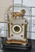 A LATE 19TH CENTURY FRENCH ALABASTER MANTEL CLOCK UNDER A GLASS DOME, the rectangular clock with