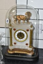 A LATE 19TH CENTURY FRENCH ALABASTER MANTEL CLOCK UNDER A GLASS DOME, the rectangular clock with