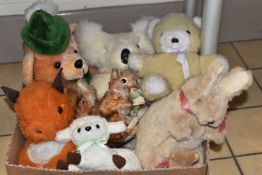 A STEIFF PERRI SQUIRREL AND A BOX CONTAINING SIX OTHER SOFT TOYS, the Steiff squirrel with button to