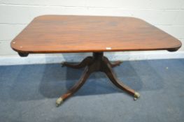 A REGENCY MAHOGANY SQUARE TILT TOP TRIPOD TABLE, length 125cm x depth 91m x height 76cm (condition