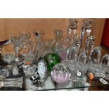 A GROUP OF COLOURED GLASS AND PAPERWEIGHTS, comprising a large aubergine and white studio glass