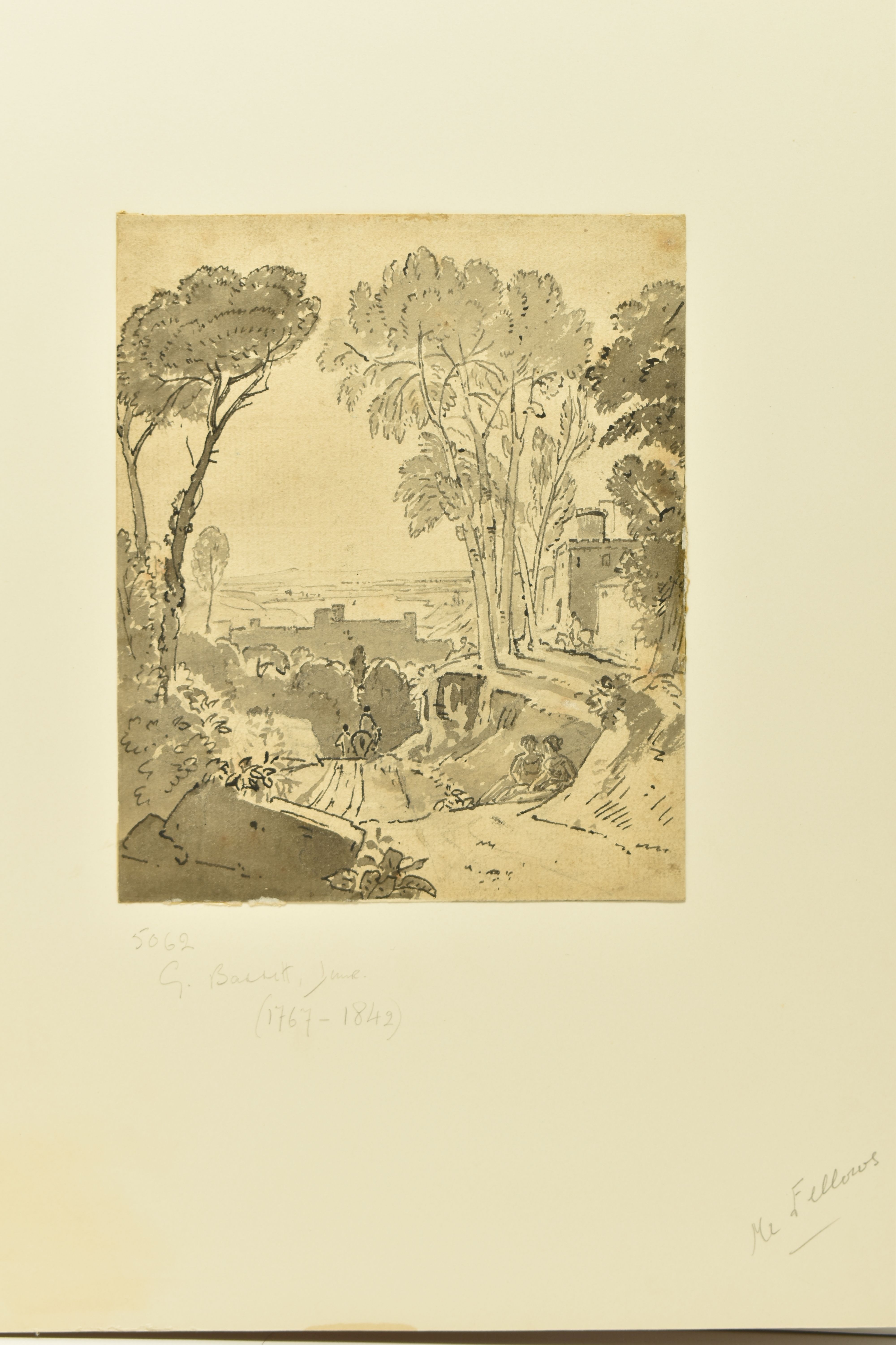CIRCLE OF GEORGE BARRETT II (1764-1842) LANDSCAPE STUDY, figures in a lane with fortified buildings, - Image 3 of 7