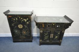 AN EBONISED ORIENTAL CABINET, with two drawers and two cupboard doors, and shaped top, width 97cm