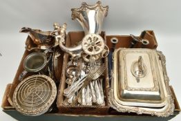 A BOX OF ASSORTED WHITE METAL WARE, to include a silver plate vase with cherub detail on wheels,