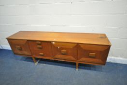 A MID CENTURY STONEHILL TEAK SIDEBOARD, with three doors, and three cupboard doors, length 198cm x