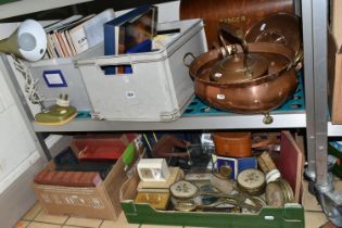 FOUR BOXES AND LOOSE METAL WARES, STAMPS, RECORDS, BOOKS AND SUNDRY ITEMS, to include a copper and