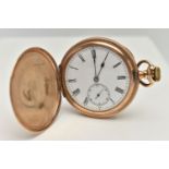 A ROLLED GOLD FULL HUNTER POCKET WATCH, manual wind, round white dial, Roman numerals, subsidiary