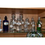 A COLLECTION OF ELEVEN CLEAR AND COLOURED PHARMACY BOTTLES, all with glass labels and glass