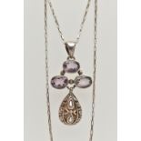 A WHITE METAL GEM SET PENDANT NECKLACE, the pendant set with three oval cut amethysts, with a
