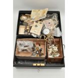 A BOX OF ASSORTED ITEMS, to include a ladys AF white metal pocket watch, a 'H Samuel' pocket