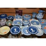 A COLLECTION OF EIGHTEEN PIECES OF WEDGWOOD JASPERWARE, MOSTLY PALE BLUE AND PORTLAND BLUE,