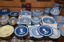 A COLLECTION OF EIGHTEEN PIECES OF WEDGWOOD JASPERWARE, MOSTLY PALE BLUE AND PORTLAND BLUE,