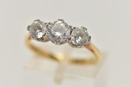 A THREE STONE GEM SET RING, three circular cut colourless stones assessed as zircon, prong set in