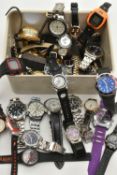 A BOX OF ASSORTED WRISTWATCHES, names to include Sekonda, Superdry, G&O, Timex, Ieke, Citron,