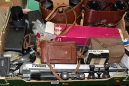 A BOX OF BINOCULARS AND CAMERA EQUIPMENT, ETC, including a cased Sigma zoom lens 1:45 f=70-210mm,
