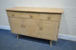 A MID CENTURY ELM AND BEECH ERCOL MODEL 351 SIDEBOARD, with a single long drawer and single short