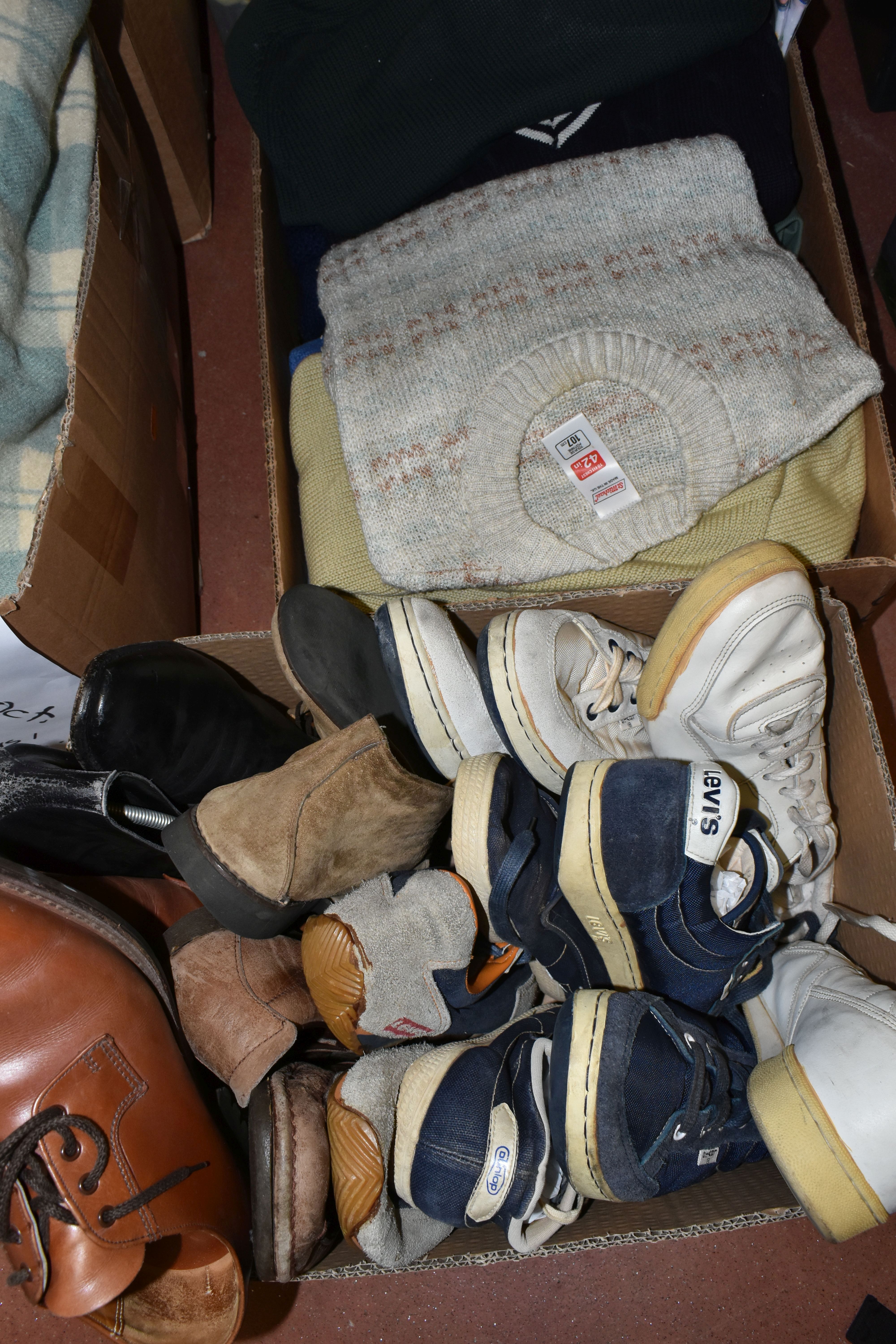 FIVE BOXES OF TEXTILES, SHOES AND CLOTHING, to include a large quantity of vintage woollen - Image 2 of 4
