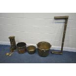 A SLECTION OF BRASS ITEMS, to include two sized log buckets, largest diameter 43cm x height 33cm,
