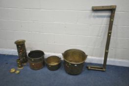 A SLECTION OF BRASS ITEMS, to include two sized log buckets, largest diameter 43cm x height 33cm,