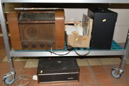 TWO BOXES, A CASE AND LOOSE RECORDS, VINTAGE RADIO AND REEL TO REEL TAPE RECORDER, to include thirty