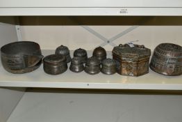 TEN PIECES OF MIDDLE EASTERN / INDIAN TINNED COPPER, comprising an octagonal spice box with hinged
