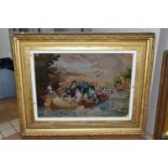 A LATE VICTORIAN TAPESTRY, of a 17th Century scene of Royalty in a boat approaching a jetty, the