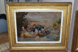 A LATE VICTORIAN TAPESTRY, of a 17th Century scene of Royalty in a boat approaching a jetty, the