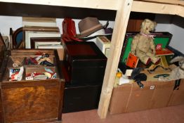 THREE BOXES OF VINTAGE SOFT TOYS, BOARD GAMES AND WOODEN BOXES, to include a jointed bear with