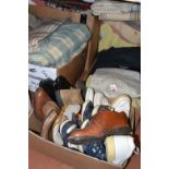FIVE BOXES OF TEXTILES, SHOES AND CLOTHING, to include a large quantity of vintage woollen