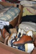 FIVE BOXES OF TEXTILES, SHOES AND CLOTHING, to include a large quantity of vintage woollen