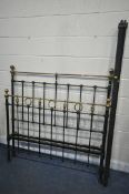 A VICTORIAN STYLE CAST IRON AND BRASS 4FT6 BEDSTEAD, with irons, along with a wicker headboard (