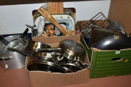 THREE BOXES OF KITCHENWARE, to include stainless steel saucepans, wok, paella pan, serving trays,