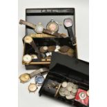 A SMALL TIN OF ASSORTED ITEMS, to include a gents 'Starlon' watch head, requires attention, other