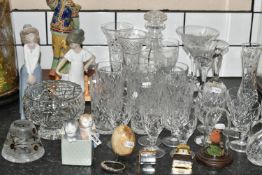 A GROUP OF GLASS, CERAMICS AND METAL WARES, to include a selection of pressed and cut glass wares: a