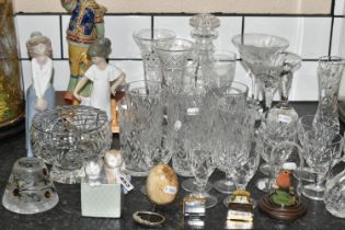 A GROUP OF GLASS, CERAMICS AND METAL WARES, to include a selection of pressed and cut glass wares: a