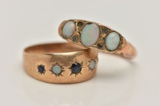 TWO 9CT GOLD GEM SET RINGS, the first set with three oval opal cabochons, and three diamond chips (
